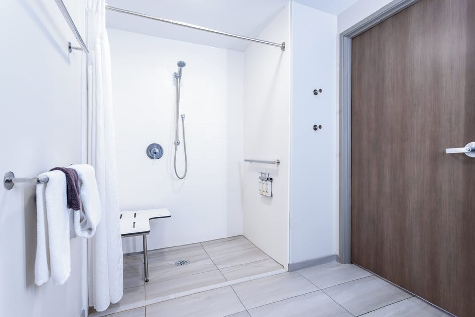 Standard Room, 1 King Bed, Accessible (Mobility) | Bathroom | Combined shower/tub, hair dryer, towels