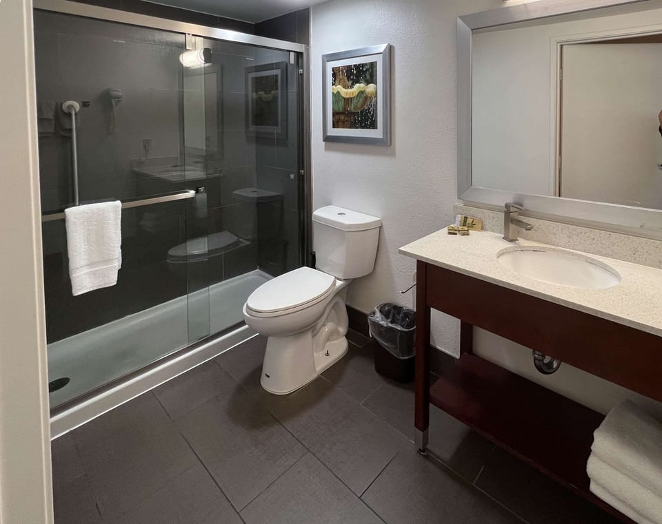 Combined shower/tub, towels