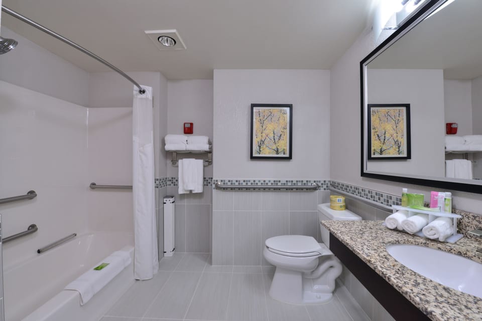 Combined shower/tub, hair dryer, towels