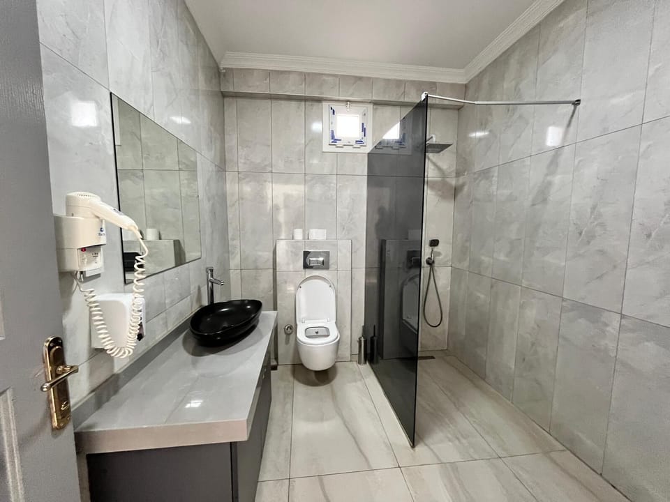 Combined shower/tub, free toiletries, hair dryer, slippers