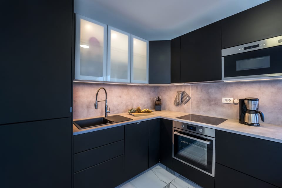 Family Apartment A1 | Private kitchen | Fridge, microwave, oven, stovetop