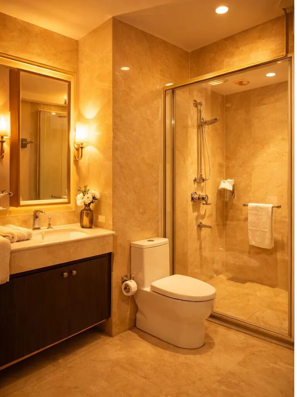 Shower, rainfall showerhead, towels, soap