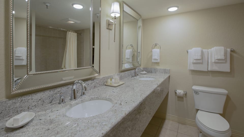 Combined shower/tub, free toiletries, hair dryer, towels