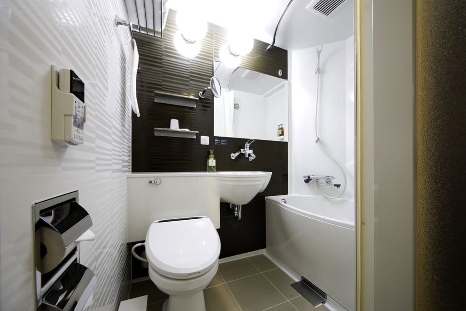 Combined shower/tub, free toiletries, hair dryer, slippers