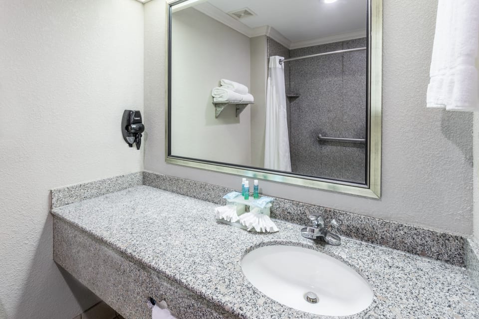 Combined shower/tub, free toiletries, hair dryer, towels
