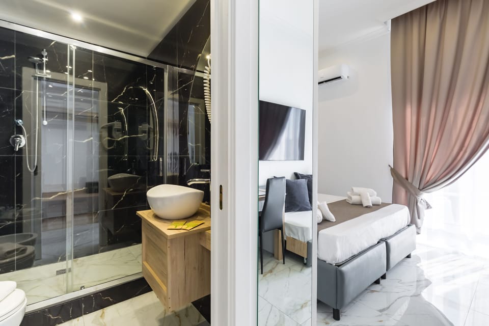 Shower, rainfall showerhead, hair dryer, bathrobes