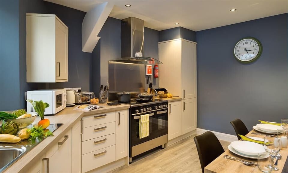 Fridge, dishwasher, cookware/dishes/utensils