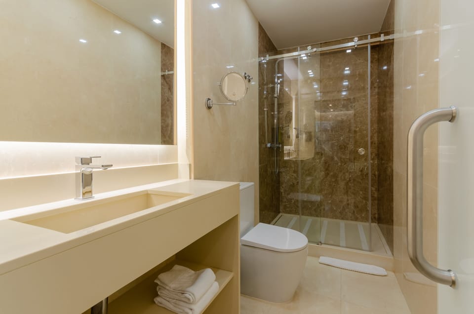 Combined shower/tub, hair dryer, bidet, towels