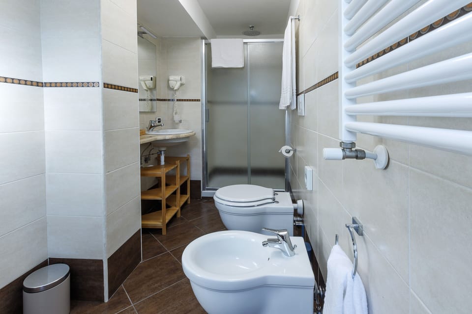 Shower, rainfall showerhead, hair dryer, slippers