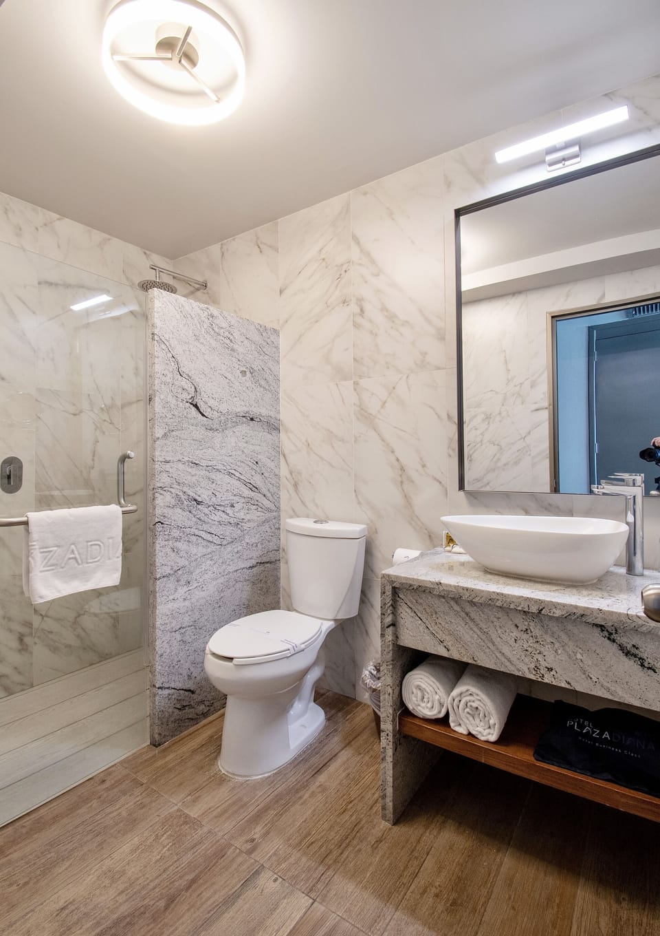 Shower, free toiletries, hair dryer, towels
