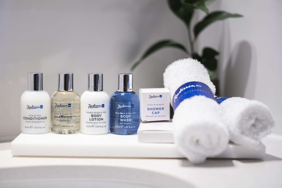 Combined shower/tub, free toiletries, hair dryer, towels