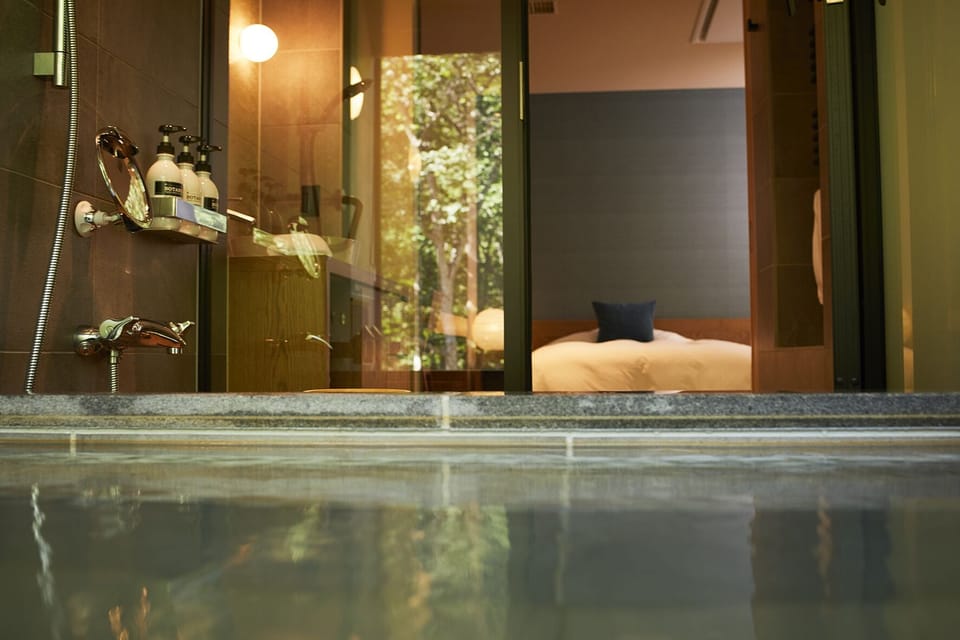 Separate tub and shower, spring water tub, free toiletries, hair dryer