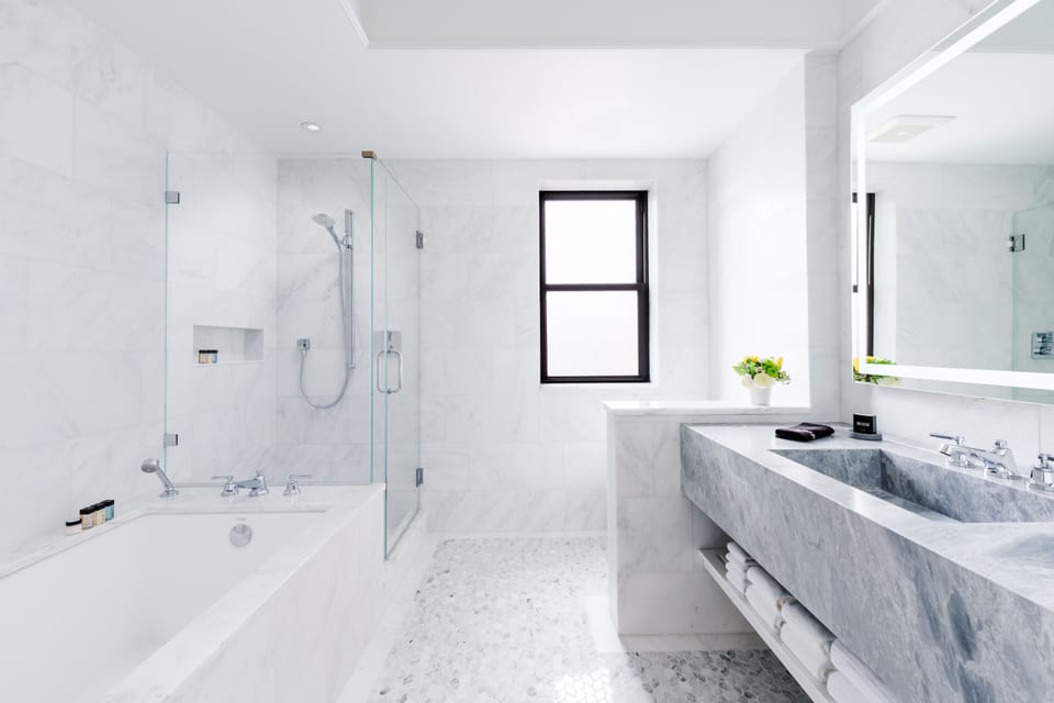 Combined shower/tub, free toiletries, hair dryer, bathrobes