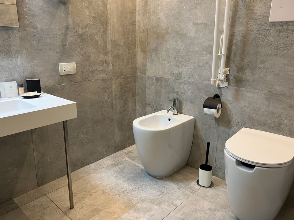 Rainfall showerhead, bidet, towels