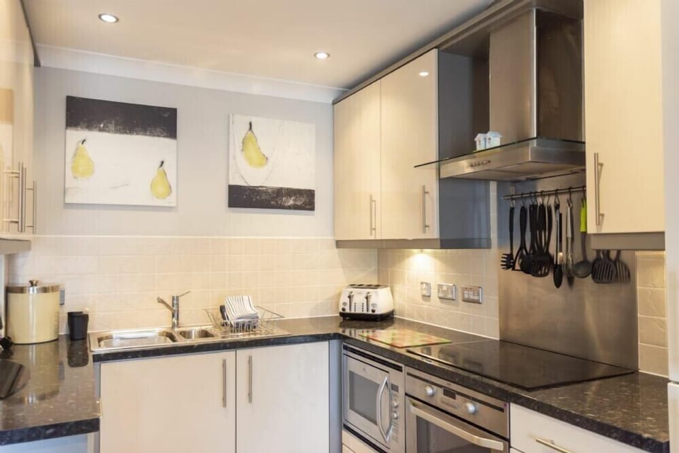 Fridge, dishwasher, cookware/dishes/utensils