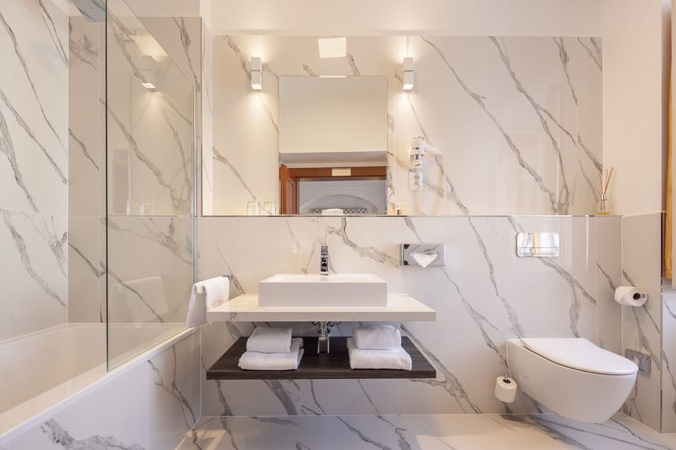 Shower, hair dryer, towels