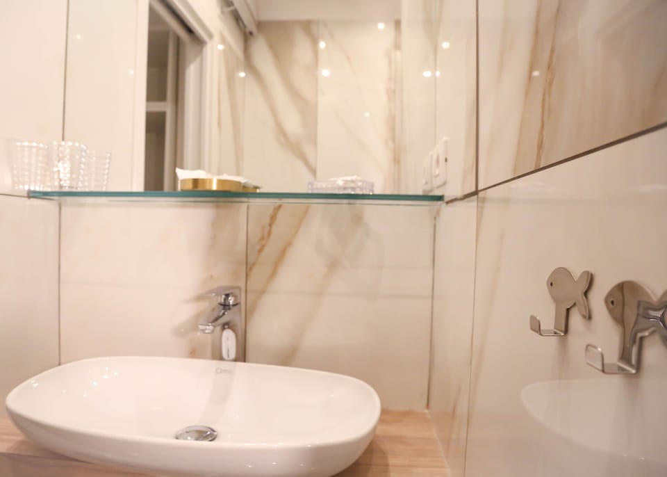 Shower, rainfall showerhead, hair dryer, bathrobes