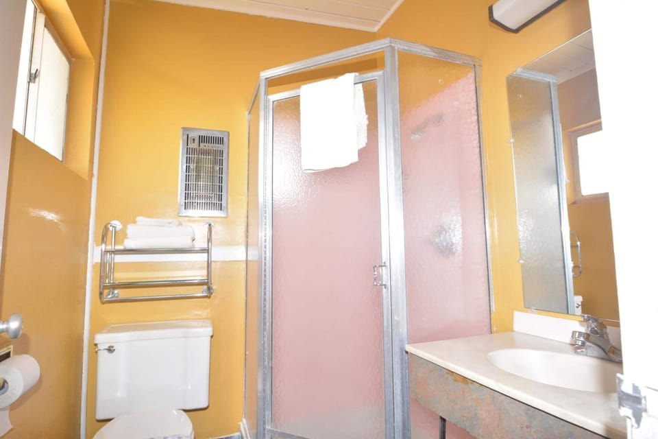 Combined shower/tub, hair dryer, towels