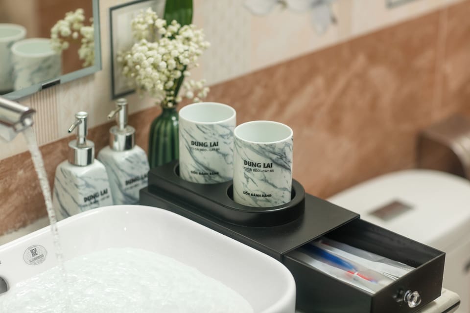 Hair dryer, bidet, towels, soap