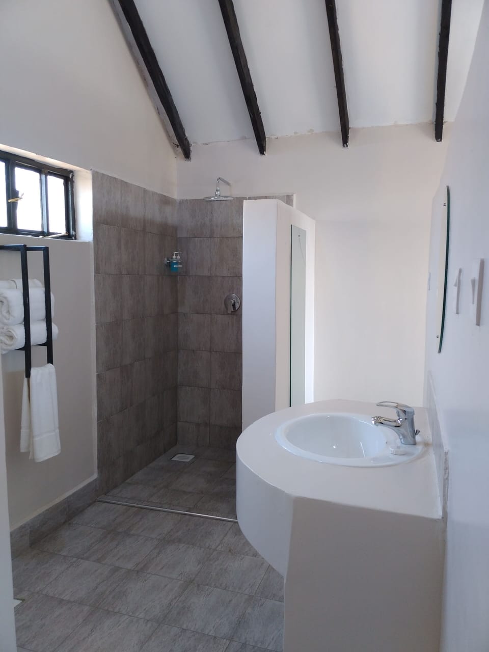 Shower, rainfall showerhead, towels