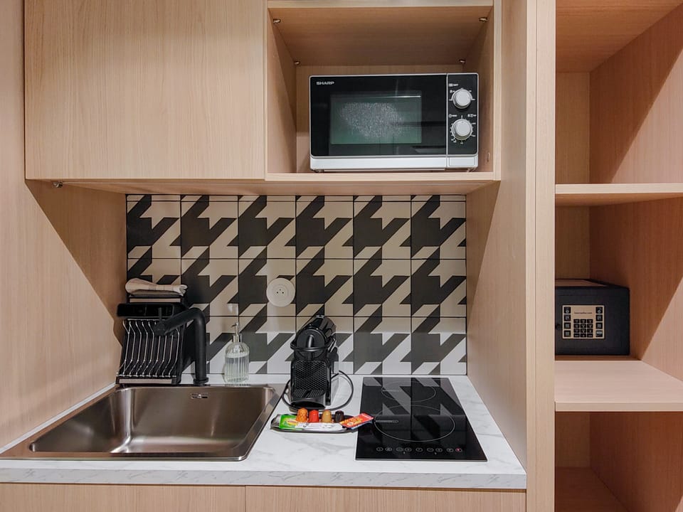 Fridge, microwave, stovetop, espresso maker