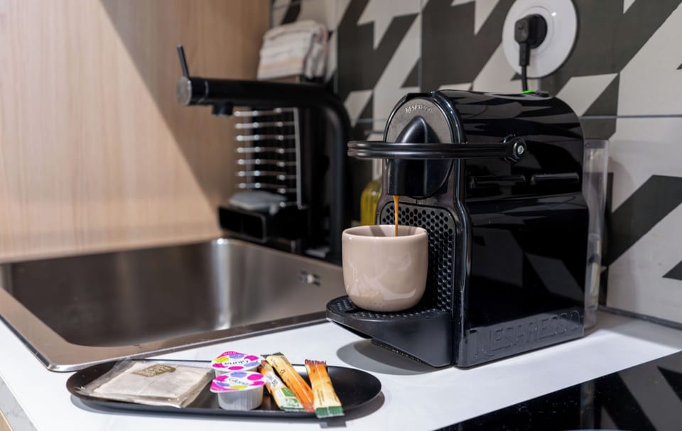 Fridge, microwave, stovetop, espresso maker