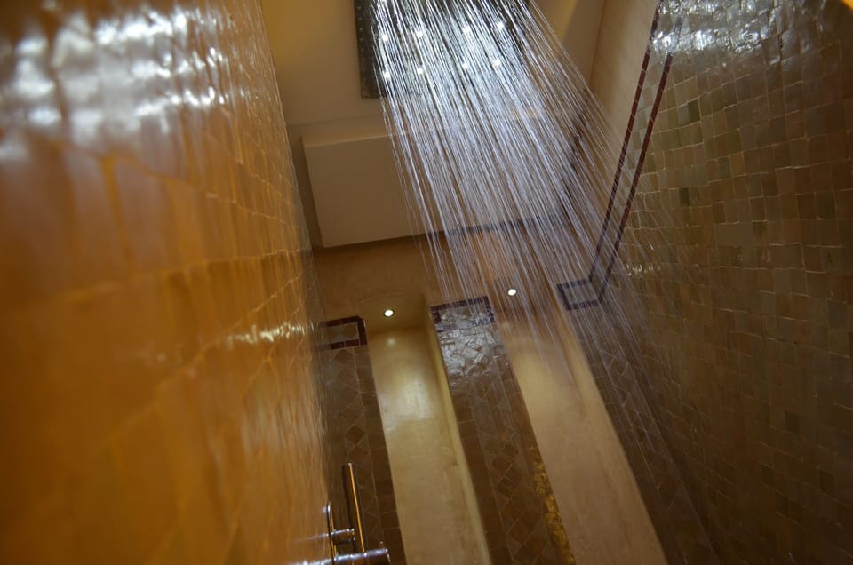 Shower, rainfall showerhead, hair dryer, bathrobes