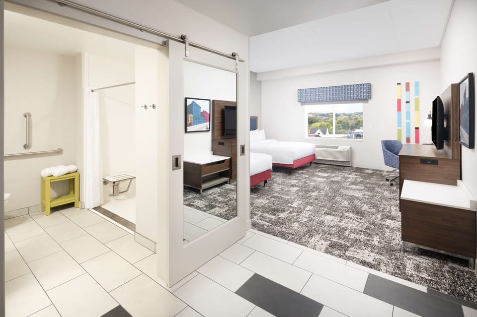 Room, 2 Queen Beds, Accessible (Roll-In Shower) | Bathroom | Hair dryer, towels, soap, shampoo