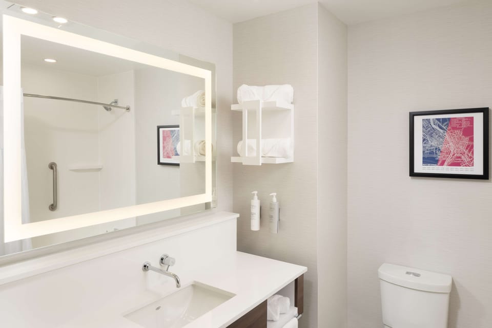 Hair dryer, towels, soap, shampoo