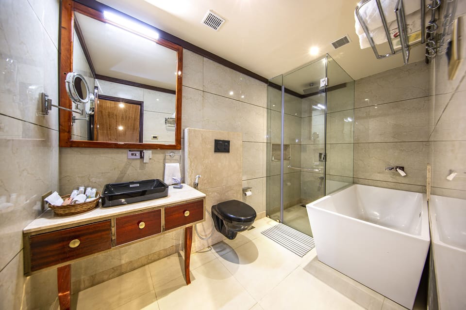 Shower, slippers, towels, soap