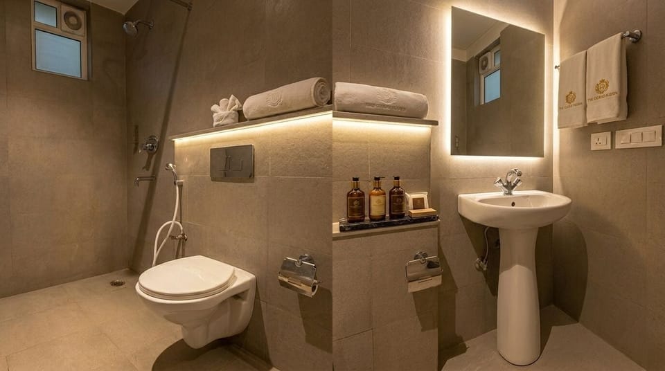 Shower, rainfall showerhead, bidet, towels