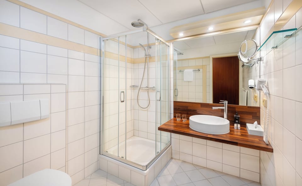 Eco-friendly toiletries, hair dryer, towels