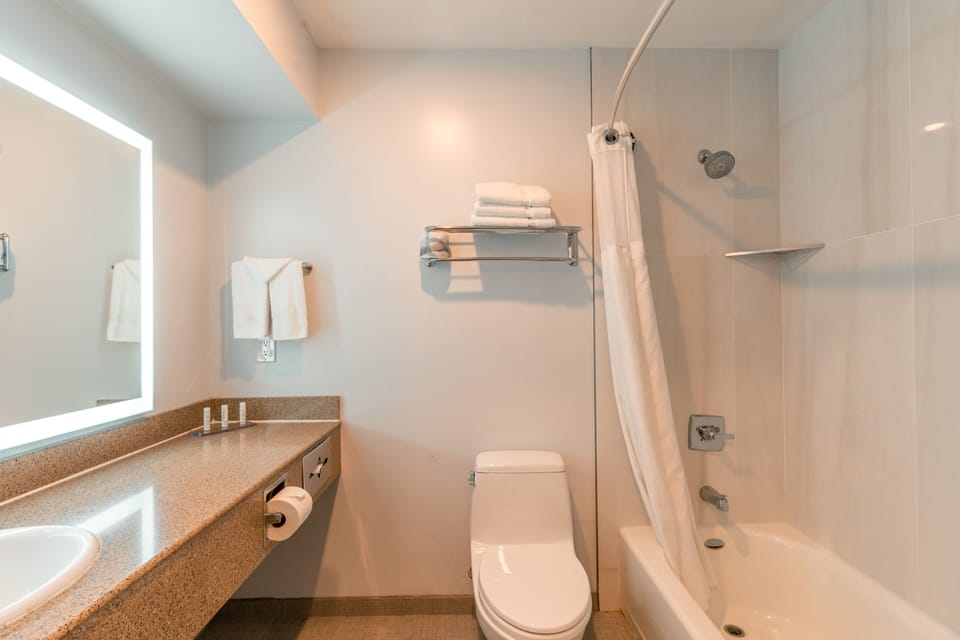 Combined shower/tub, hydromassage showerhead, free toiletries
