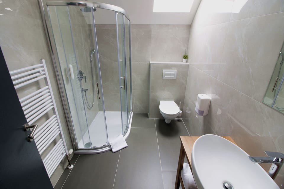 Shower, hair dryer, slippers, towels