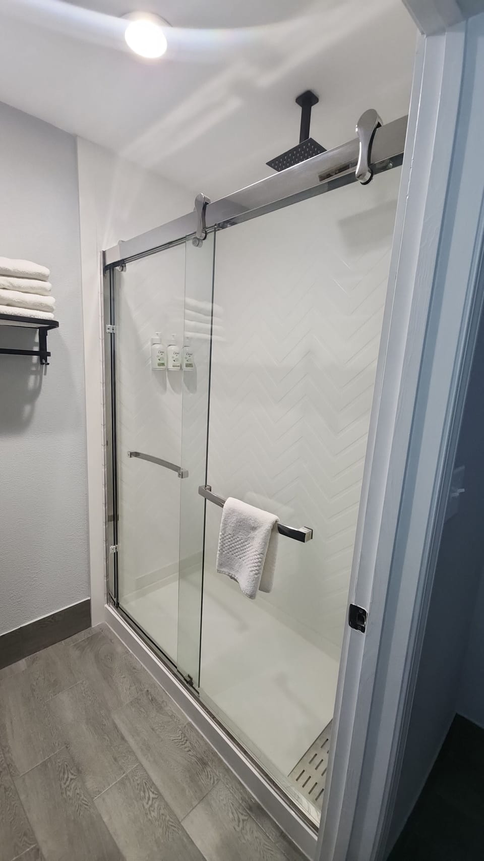 Hair dryer, towels, soap, shampoo