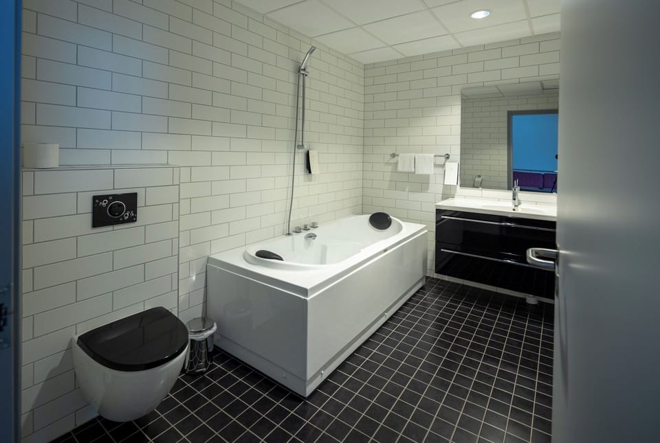 Suite | Bathroom | Shower, hair dryer, towels