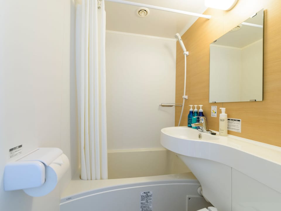 Combined shower/tub, free toiletries, hair dryer, slippers