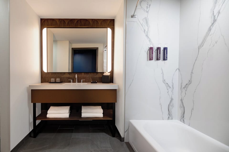 Combined shower/tub, free toiletries, hair dryer, towels