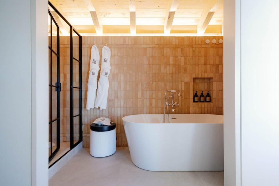 Shower, rainfall showerhead, hair dryer, bathrobes