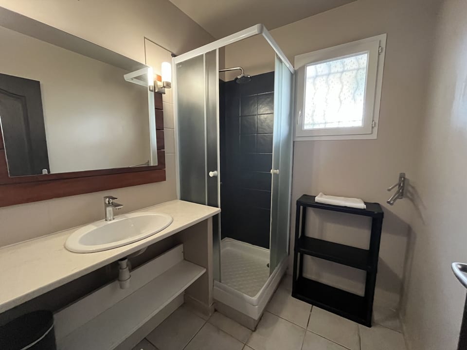 Shower, towels, toilet paper