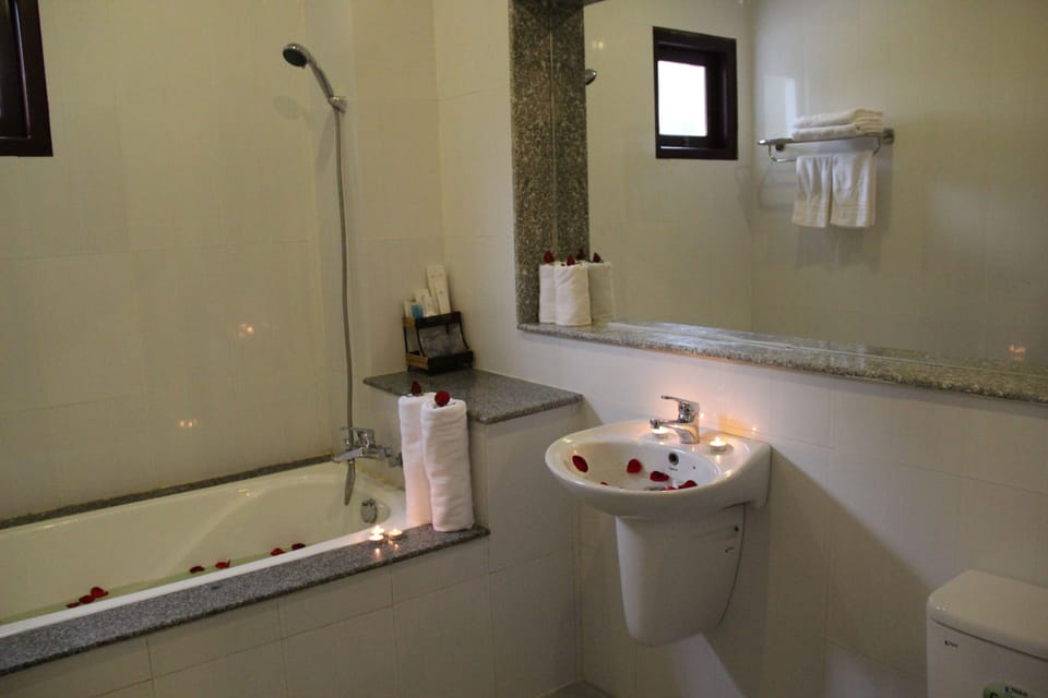 Combined shower/tub, deep soaking tub, free toiletries, hair dryer