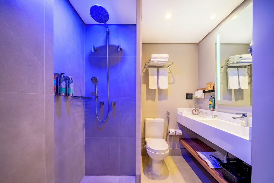 Shower, rainfall showerhead, eco-friendly toiletries, hair dryer