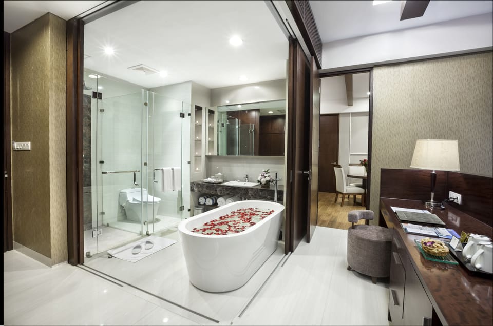 Hair dryer, slippers, towels