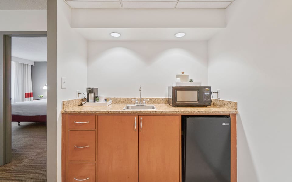 Mini-fridge, microwave, coffee/tea maker