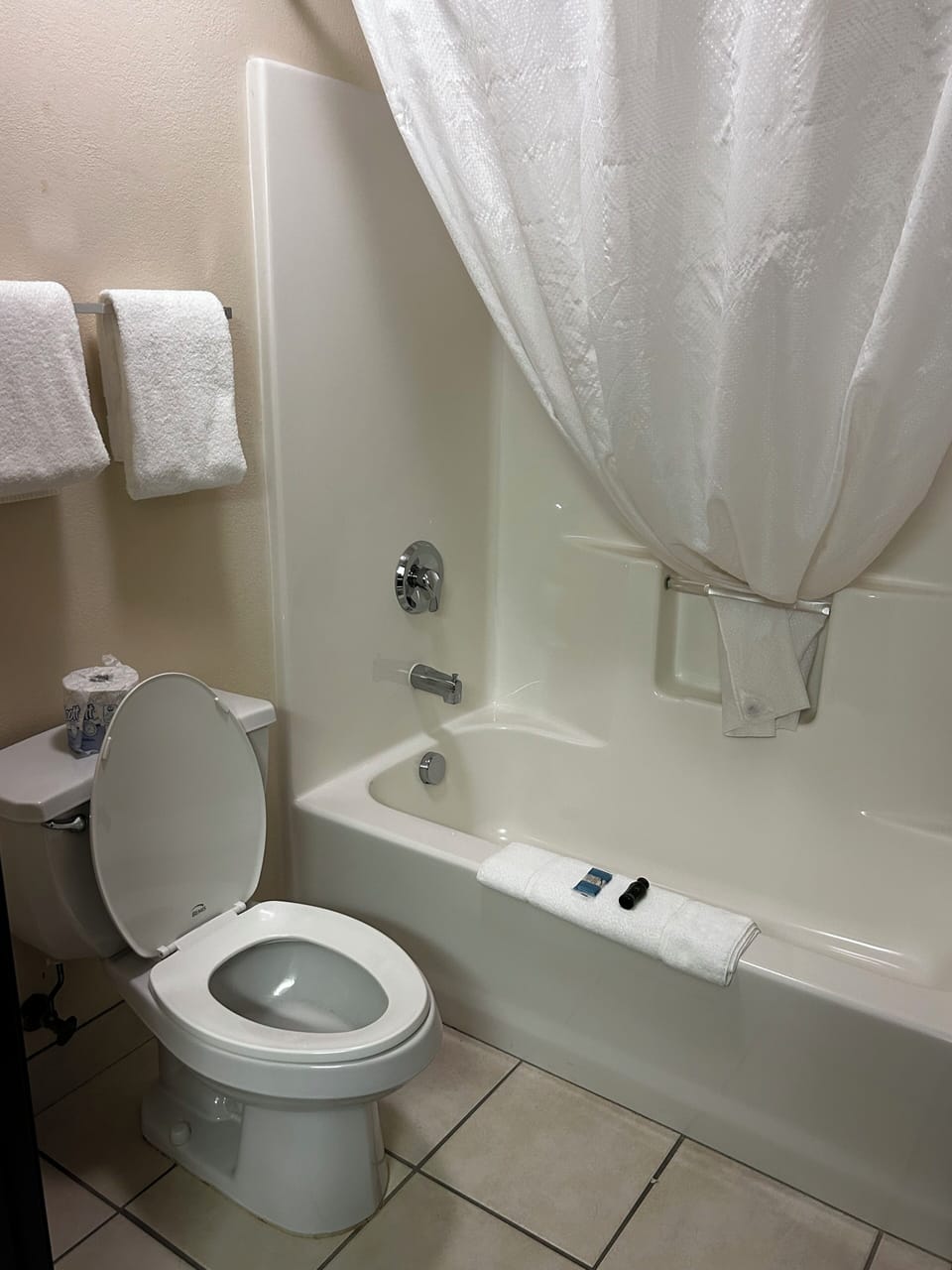 Combined shower/tub, hair dryer, towels