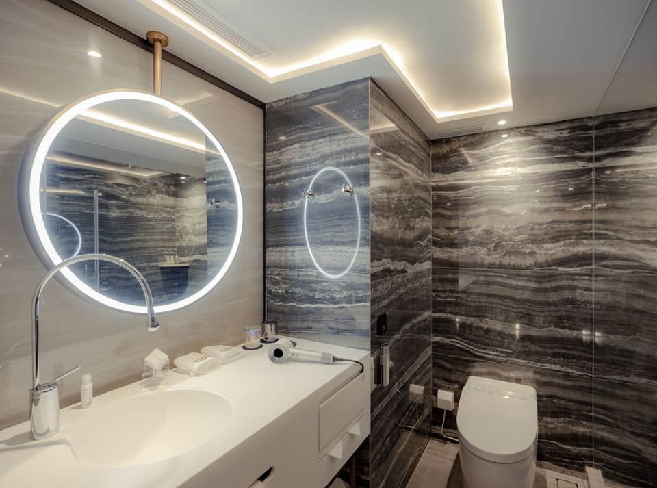 Shower, rainfall showerhead, hair dryer, slippers