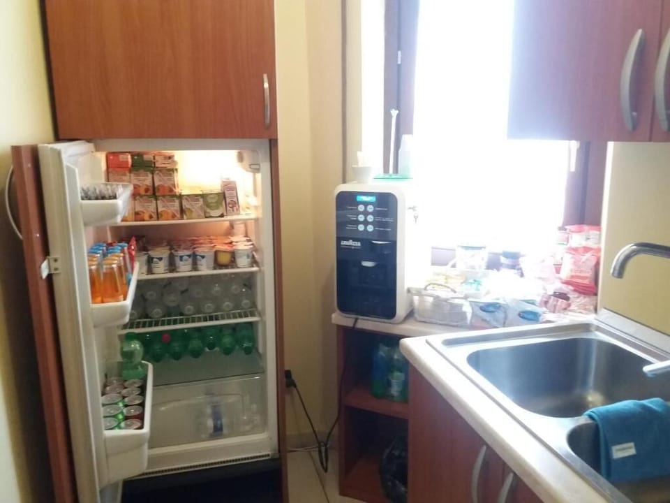 Full-size fridge, microwave, cleaning supplies, freezer