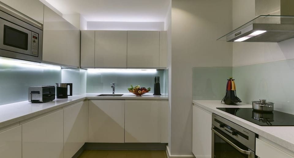 Fridge, microwave, stovetop, electric kettle