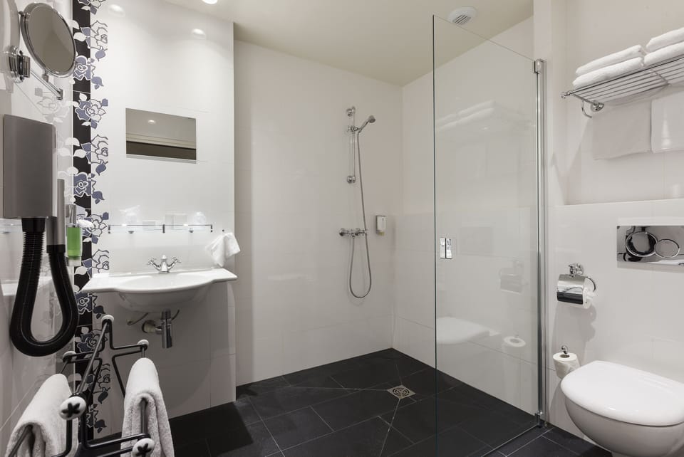 Shower, free toiletries, hair dryer, towels