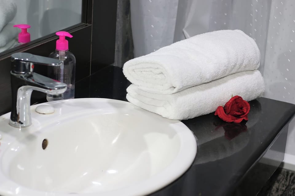 Separate tub and shower, hydromassage showerhead, free toiletries